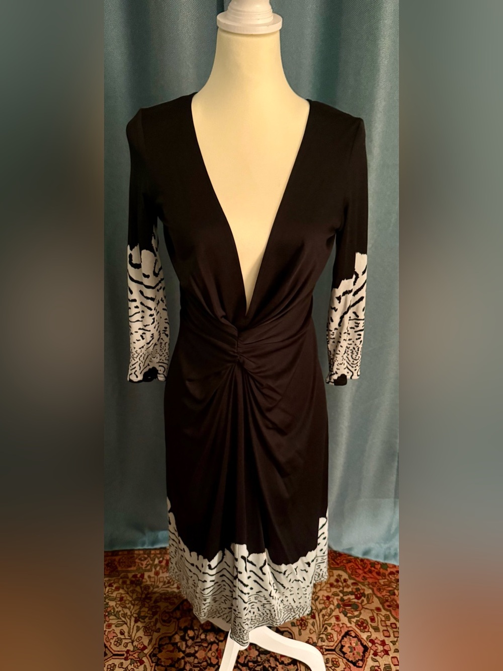 Issa London Black Silk Dress with Light Blue Patterned Sleeves & Hem